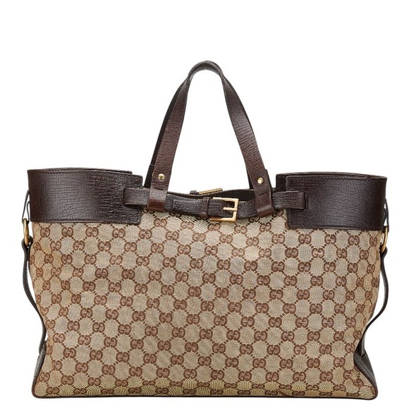 Gucci Leather Bag Brown Canvas Handbag Tote GG - Picture 1 of 8